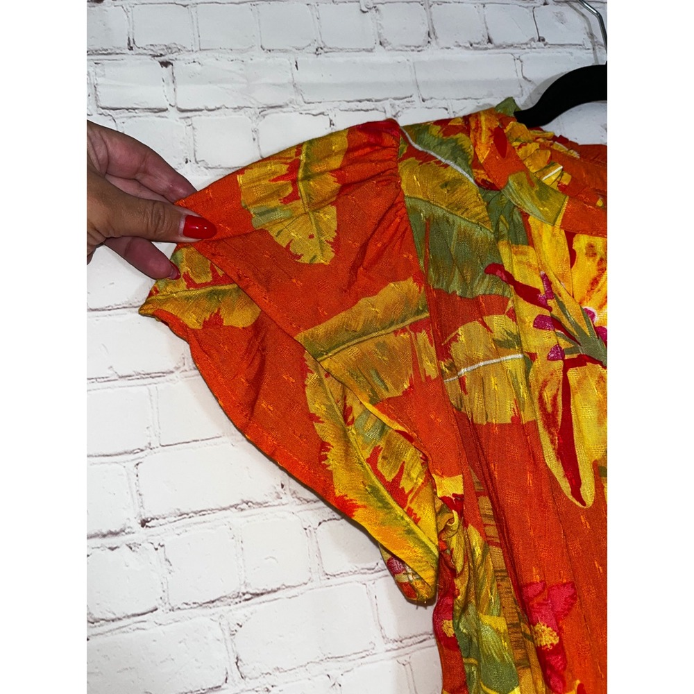 Haute Hippie Orange Tropical Floral‎ V-Neck Tiered Flutter Sleeve Blouse Small - Picture 3 of 5